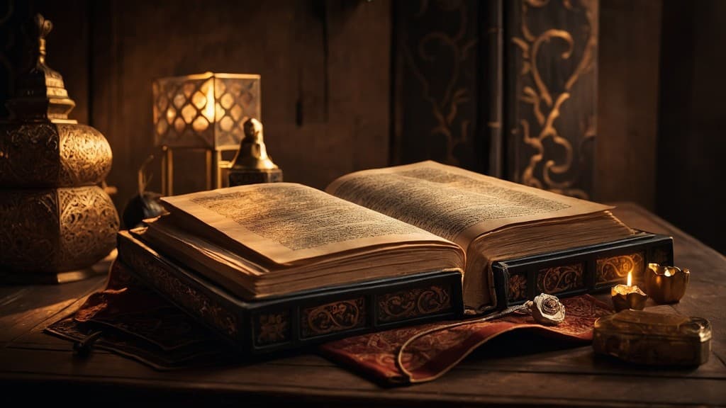 Traditional Islamic study desk with Quran and lantern light
