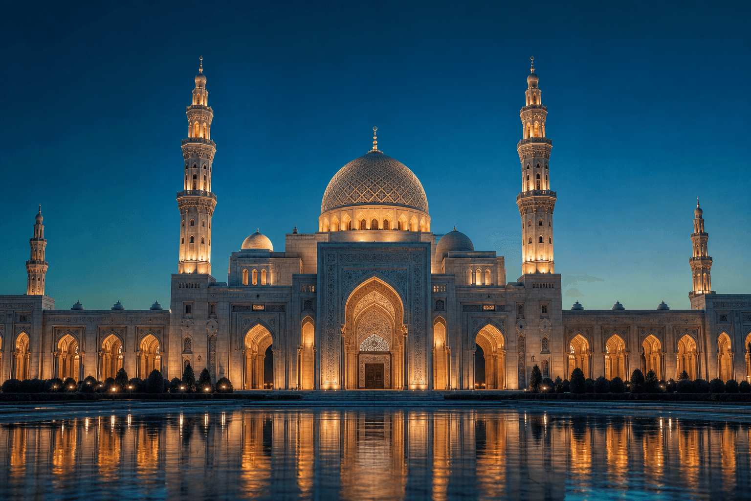 Mosque architecture with dome, minarets and reflecting water at dusk