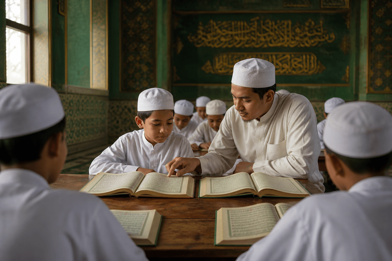 Teacher guiding students in Quran and Islamic studies