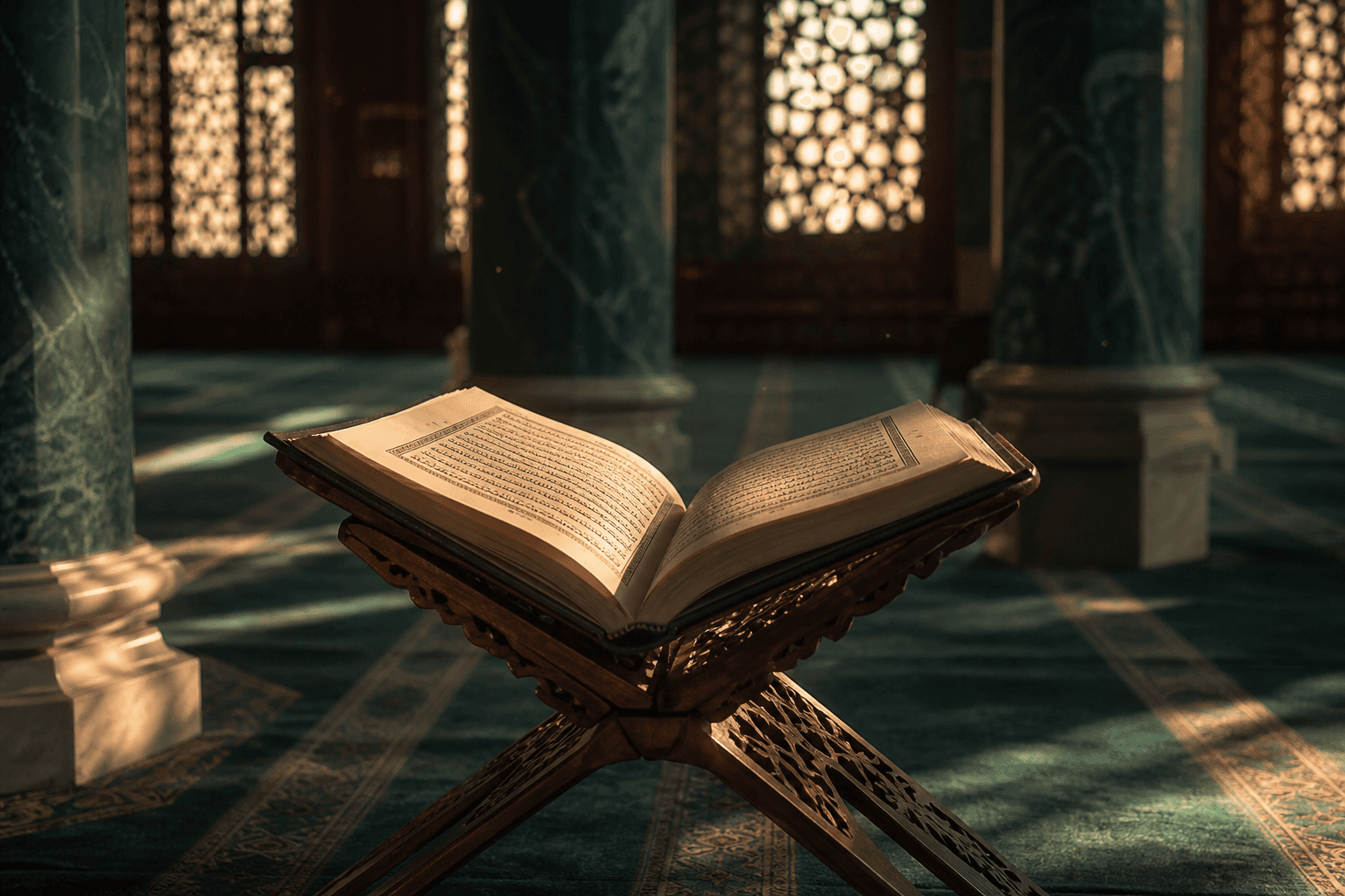 Open Holy Quran on a wooden stand in a peaceful mosque interior