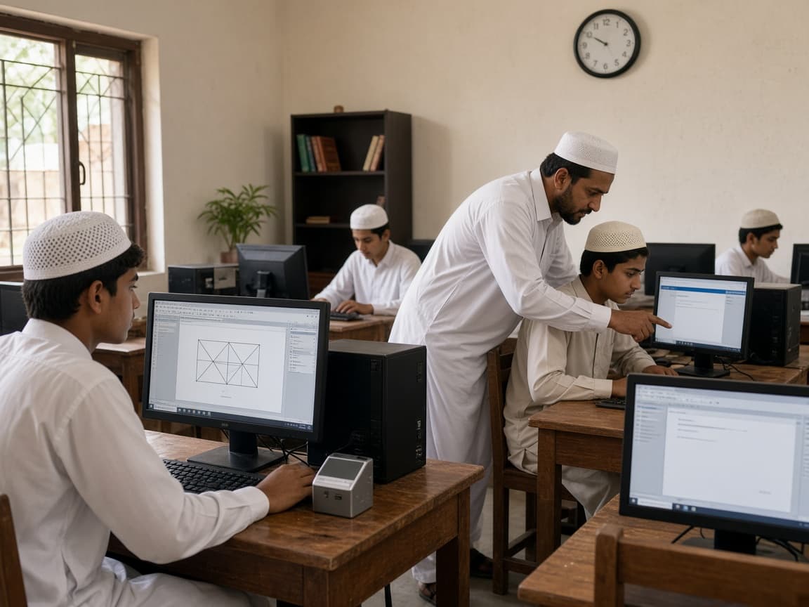 Islamic students learning computers with a teacher in THS IT Lab